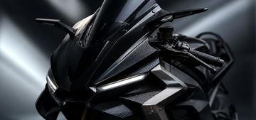 Sport motorcycle front bodywork in quiet titanium and obsidian editorial light