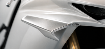 Sportbike winglet detail on pearl white fairing