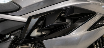 CFMOTO 675SR-R Side Panel Shark Fin installed on the CF 675SR-R, scene close-up