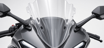 ZXMOTO 500RR Tall Windshield fitted to a ZX-500RR in a bright showroom