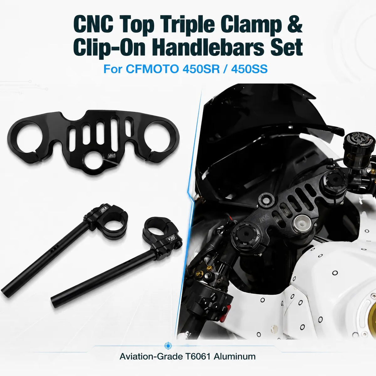 CFMOTO 450SR Top Triple Clamp + Clip-On Handlebars, photo 2 of 9
